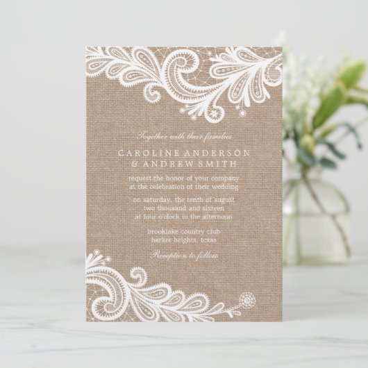 Burlap und Lace Wedding Einladung (Stehend Vorderseite)