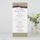 Burlap- und Lila Bow-Hochzeitsprogramm Programm (Stehend Vorderseite)