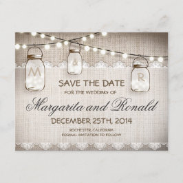 Burlap- und Mason-Glas speichern Dattelkarten Save The Date