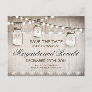 Burlap- und Mason-Glas speichern Dattelkarten Save The Date