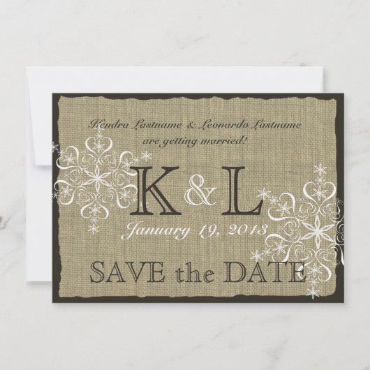 Burlap- und Schneeflocken Save the Date (Vorderseite)