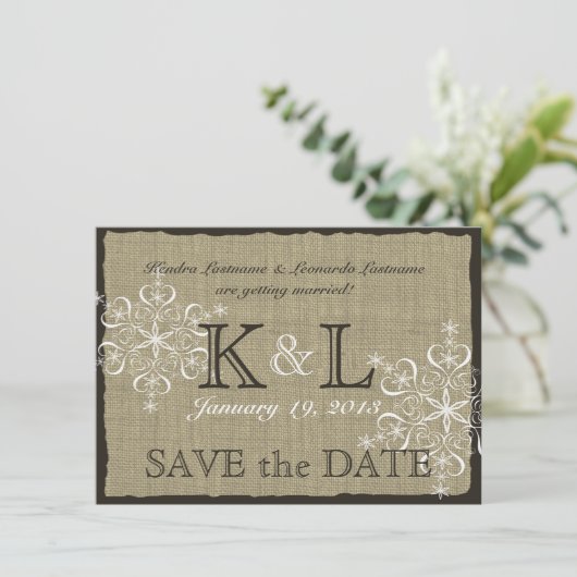 Burlap- und Schneeflocken Save the Date (Stehend Vorderseite)