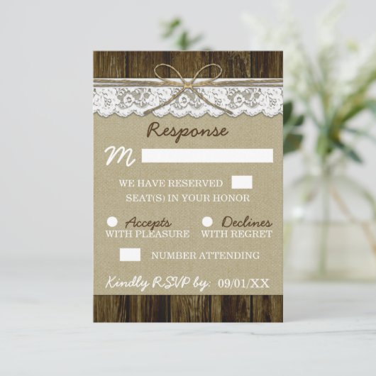 Burlap- und Spitzen mit Twine Wedding RSVP Cards (Stehend Vorderseite)