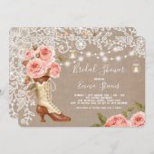 Burlap- und Spitzen-Rosa Brautparty Chic Boots Einladung (Vorne/Hinten)