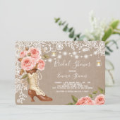 Burlap- und Spitzen-Rosa Brautparty Chic Boots Einladung (Stehend Vorderseite)