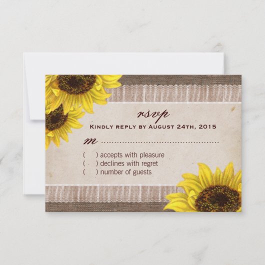 Burlap- und Spitzen-RSVP-Karten für Sonnenblumen RSVP Karte (Vorderseite)