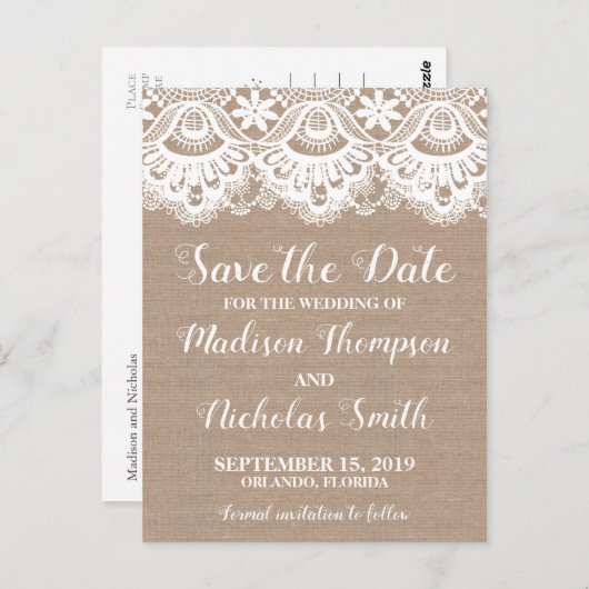 Burlap- und Spitzen-Save the Date Postkarten, rust Postkarte (Vorne/Hinten)