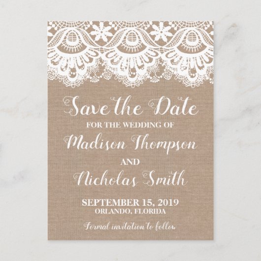 Burlap- und Spitzen-Save the Date Postkarten, rust Postkarte (Vorderseite)
