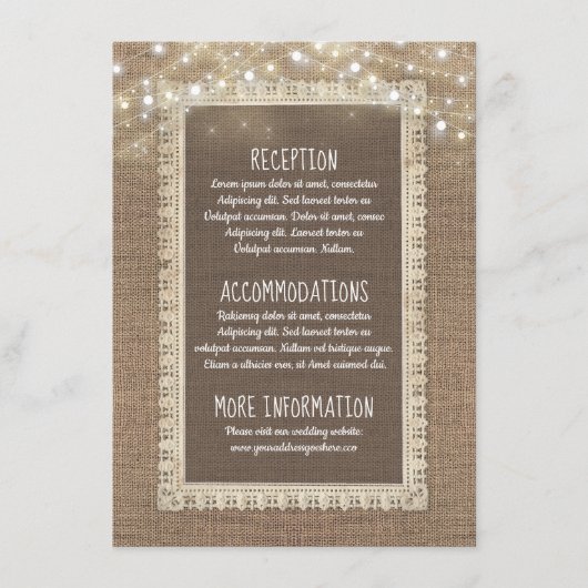 Burlap- und String Lights Hochzeitinformationsgast Begleitkarte (Vorderseite)