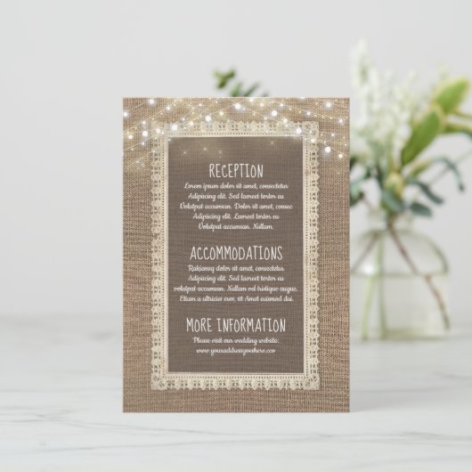 Burlap- und String Lights Hochzeitinformationsgast Begleitkarte (Stehend Vorderseite)