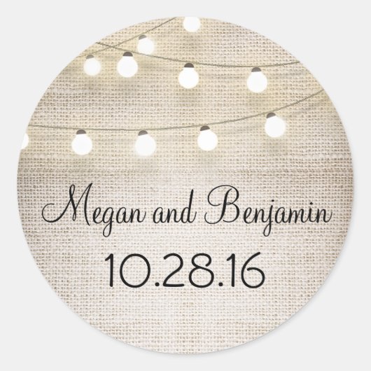 Burlap- und String-Lights rustikal Runder Aufkleber (Vorderseite)