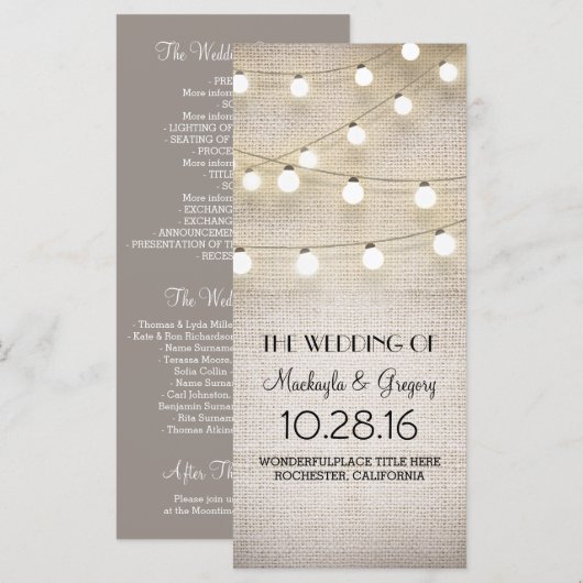Burlap- und String Lights Rustikale Hochzeitsprogr Programm (Vorne/Hinten)