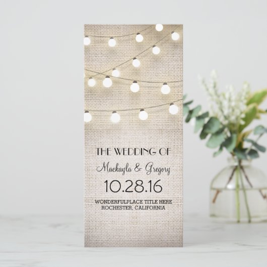Burlap- und String Lights Rustikale Hochzeitsprogr Programm (Stehend Vorderseite)