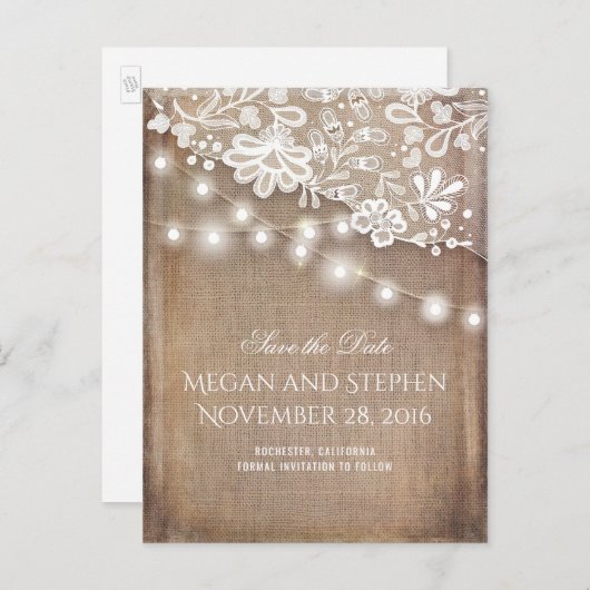 Burlap- und String-Lights Save the Date rustikal Ankündigungspostkarte (Vorne/Hinten)