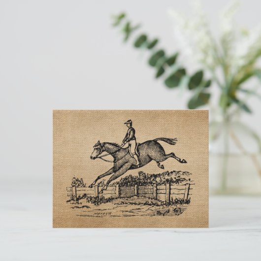 Burlap Vintag Horse Jumping Postkarte (Stehend Vorderseite)