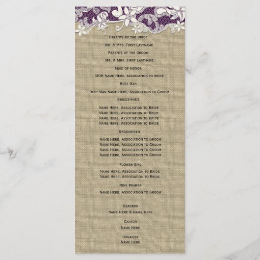 Burlap Vintag Lace Wedding Programm (Rückseite)