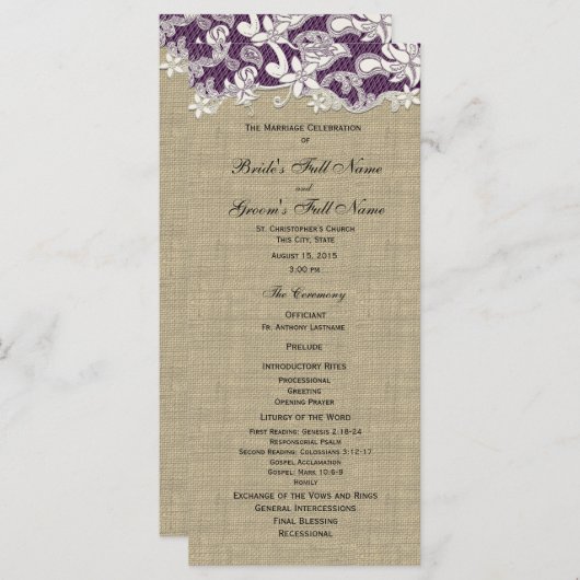 Burlap Vintag Lace Wedding Programm (Vorne/Hinten)