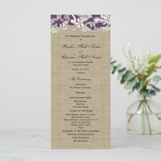 Burlap Vintag Lace Wedding Programm (Stehend Vorderseite)