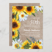 Burlap White Daisies Gelbe Sonnenblume 50. Geburts Einladung (Vorne/Hinten)