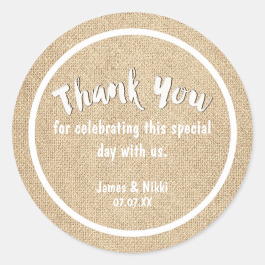 Burlap white DANKE IHNEN Rustikale Hochzeitsticker Runder Aufkleber (Vorderseite)