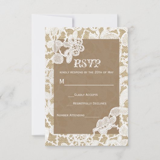 Burlap & White Floral Lace Rustic Wedding RSVP Karte (Vorderseite)