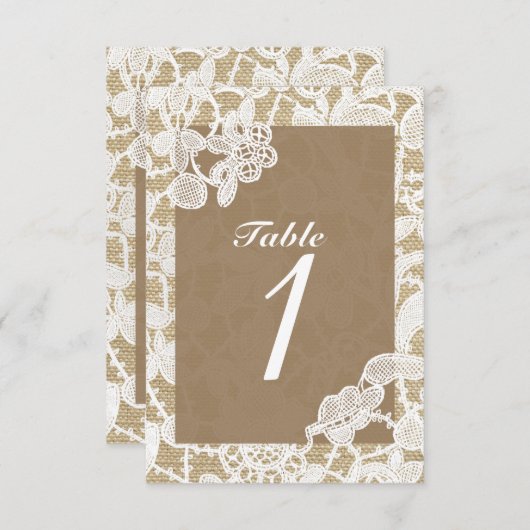 Burlap & White Floral Lace Rustikale Tischnummer (Vorne/Hinten)