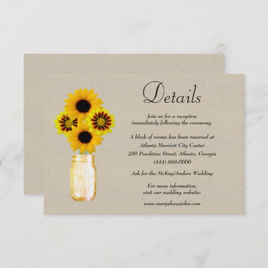 Burlap Yellow Floral Mason Jar Wedding Details Begleitkarte (Vorne/Hinten)