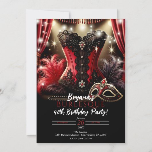 Burlesque Feathers & Bustier Glam Birthday Party Einladung (Vorderseite)