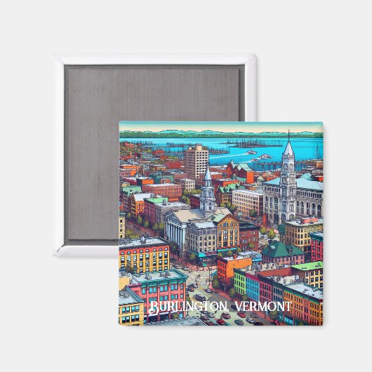 Burlington, Vermont Comic Book Style Art Magnet (Vorderseite/Rückseite)
