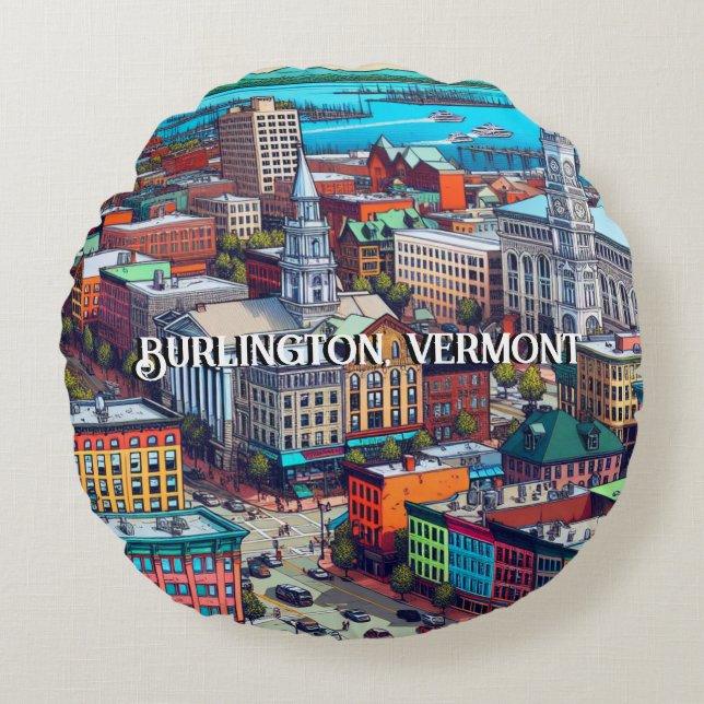 Burlington, Vermont Comic Book Style Art Rundes Kissen (Vorderseite)