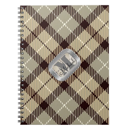Burlywood Gray Tartan Metallic Monogram Script Notizblock (Vorderseite)