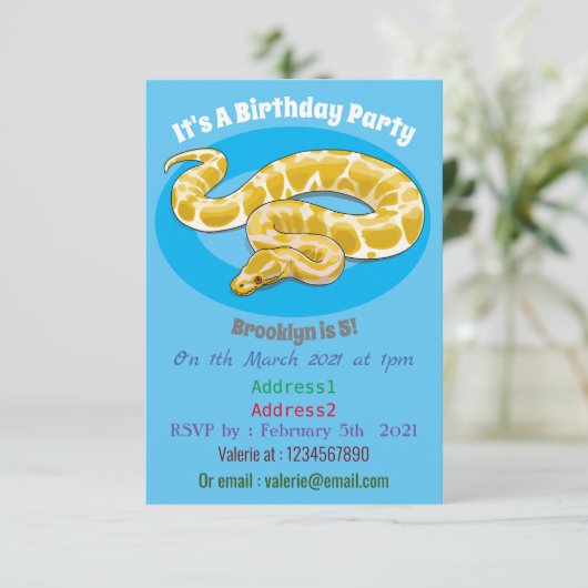 Burmische Python Schlange Cartoon Abbildung Einladung (Stehend Vorderseite)