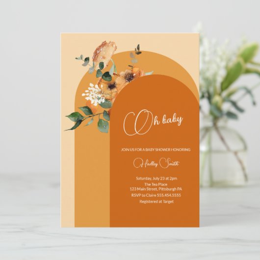 Burnange-Herbstbogen Babydusche Oh Baby Einladung (Stehend Vorderseite)