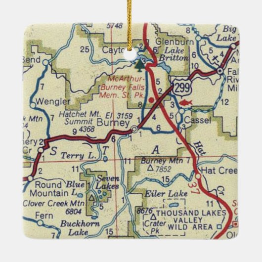Burney CA Vintag Map Keramikornament (Rückseite)