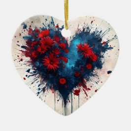 Burning Blue Heart mit Roten Blume Keramik Ornament
