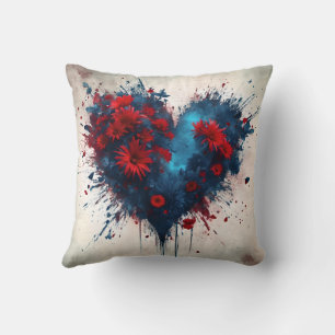 Burning Blue Heart mit Roten Blume Kissen