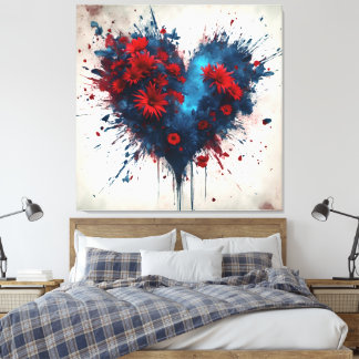 Burning Blue Heart mit Roten Blume Leinwanddruck