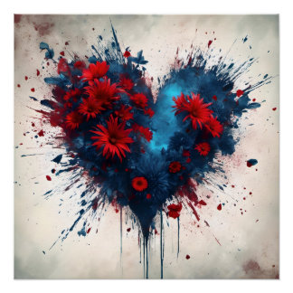 Burning Blue Heart mit Roten Blume Poster