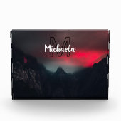 Burning clouds, fog and mountains monogram in sky fotoblock (Vorderseite)