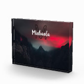 Burning clouds, fog and mountains monogram in sky fotoblock (Rechts)