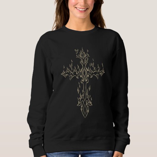 Burning Cross in Flame Emo E Girl Boy Alt Trad Mal Sweatshirt (Vorderseite)