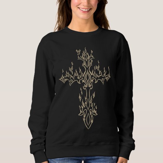 Burning Cross in Flame Emo E Girl Boy Alt Trad Mal Sweatshirt (Vorderseite)