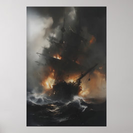 Burning Pirate Ship in Stormy Ocean Gothic Nautica Poster