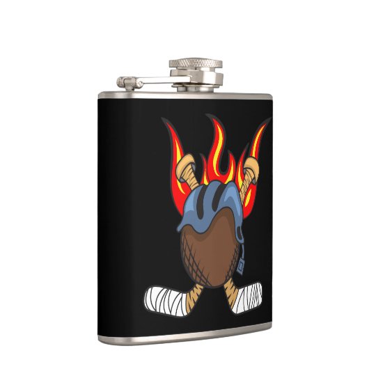 Burning Puck und Hockey Sticks in Flammen, Schwarz Flachmann (Rechts)