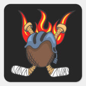 Burning Puck und Hockey Sticks in Flammen, Schwarz Quadratischer Aufkleber (Vorderseite)