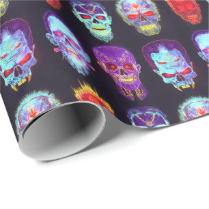 Burning Skull Grid - Neon Zombie Glow Geschenkpapier