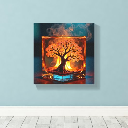 Burning Tree Inside Glass Whiskey Cube Art Leinwanddruck (Insitu (Holzboden))