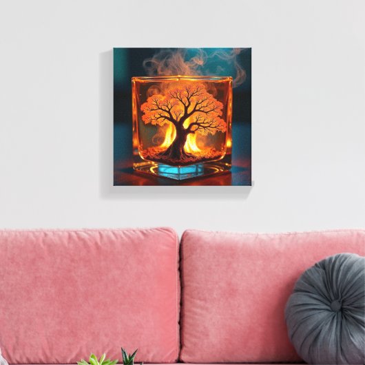 Burning Tree Inside Glass Whiskey Cube Art Leinwanddruck (Insitu (Wohnzimmer))