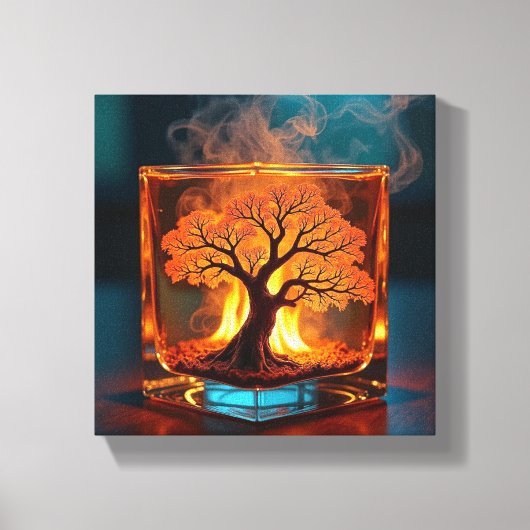 Burning Tree Inside Glass Whiskey Cube Art Leinwanddruck (Vorderseite)