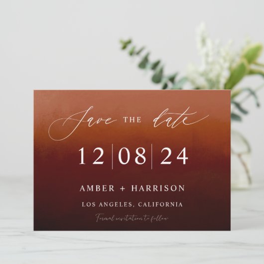 Burnorange ombre dunkler Glamour boho Save the Dat Einladung (Stehend Vorderseite)